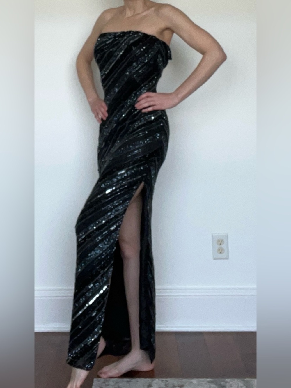 🖤 Scala Black Beaded Sequin Strapless Maxi Gown with High Slit